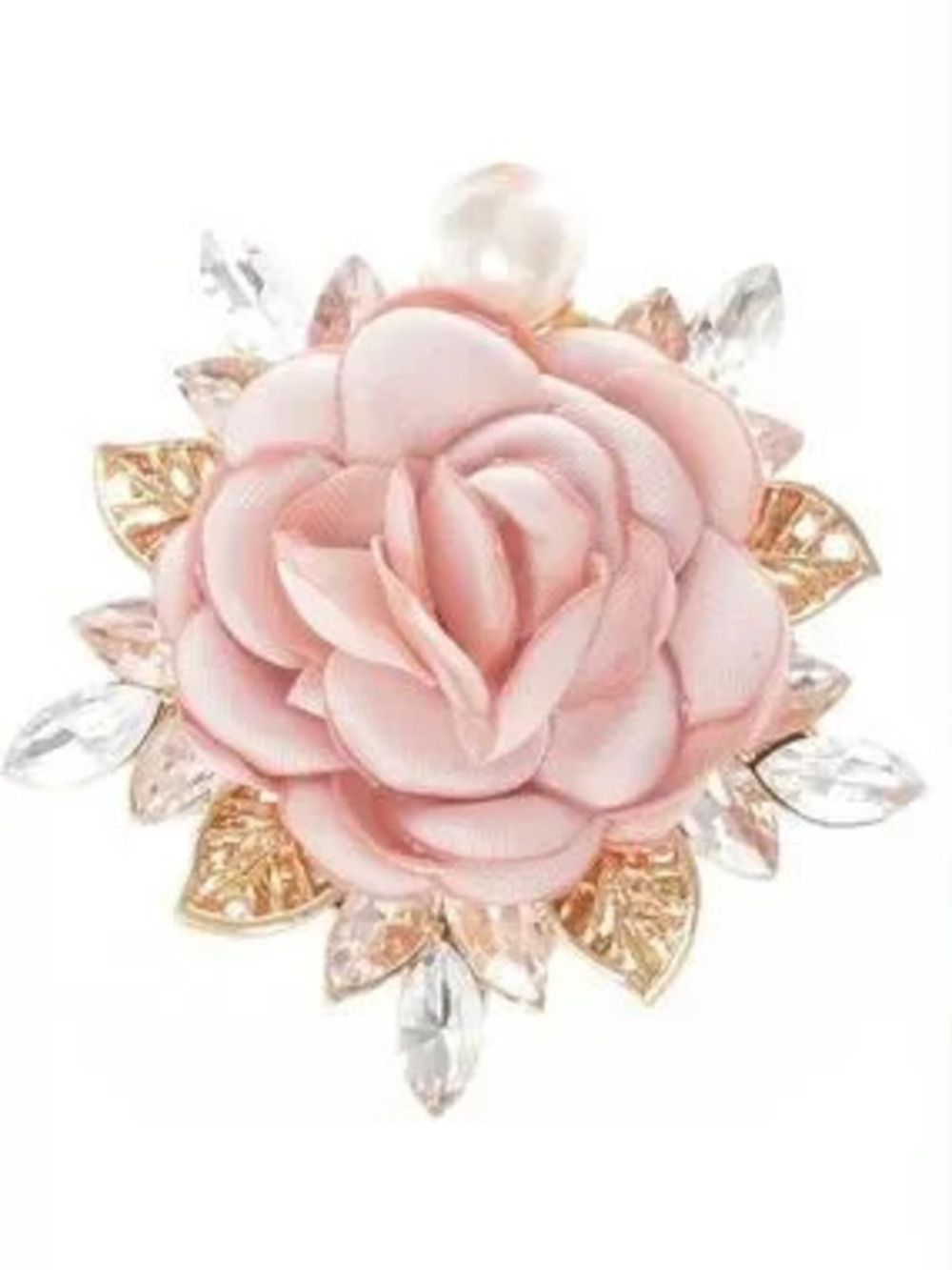 Anthropologie Blush Pink Rose Brooch with Gold Leaves and Crystal Accents